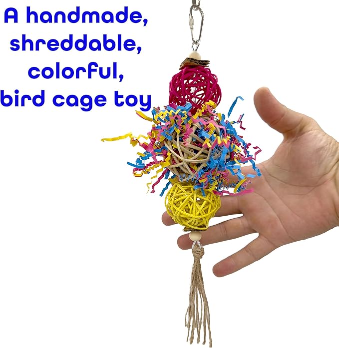 1701 Rainbow Rattan Bird Toy with Jute and Crinkle Paper – Shredding and Foraging Fun for Parakeets, Cockatiels, Conures, and Small Parrots – Natural Bird-Safe Toy for Cage Enrichment