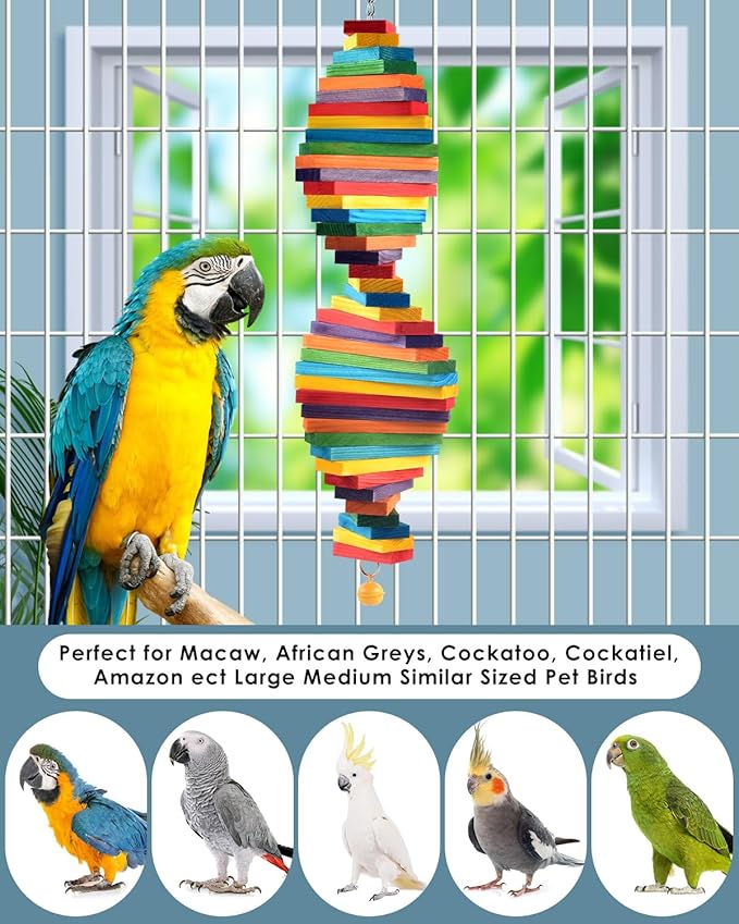 Bissap Bird Chew Toys, 20.8'' Multicolored Bagel Cascade Medium Large Parrot Chewing Sticks Biting Wooden Blocks Toy for Big Senegal Amazon Cockatoos Macaws African Grey and Similar Sized Pet Birds
