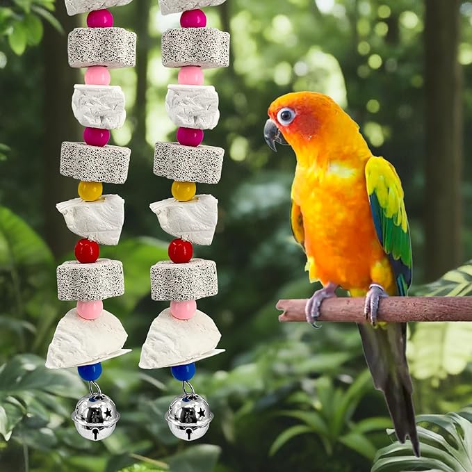 2Pcs Cuttlebone for Birds with Jingler - 14.5" Natural Calcium Stone & Mineral Chew Toy for Beak Trimming, Teeth Grinding - for Parakeet, Conure, Cockatiel, Finch, Hamster, Chinchilla