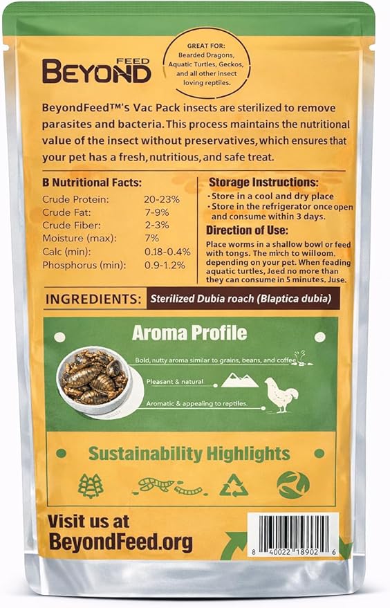 BeyondFeed™ USA Grown Freshly Preserved Vac-Pack Feeder Insects – Ready-to-Feed Protein Treats for Reptiles, Birds, Fish & Aquatic Turtles (Fresh Dubia Roaches-3Pack Bundle 60g/2.12 oz)