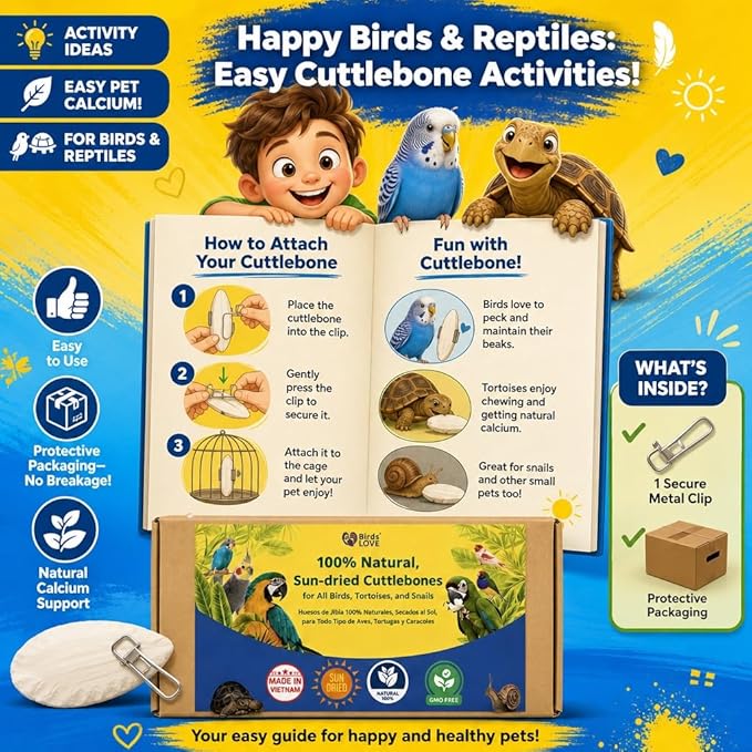 Birds LOVE 7.5-8" Cuttlebone for Birds ā 100% Natural Sun-Dried Calcium Carbonate Mineral Supplement ā for Parakeets, Budgies, Cockatiels, Finches & Canaries ā 2 Pack with Holder ā Made in Vietnam