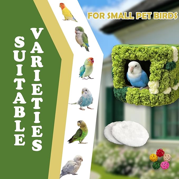 Plush Cylindrical Bird Nest,Warm Bird Nesting House,Bird Breeding House Cockatiel Snuggle Hut for Conure,Cockatiel, Lovebird, Budgie,Canary, Finch, Hamster and Other Small Pets (Green)
