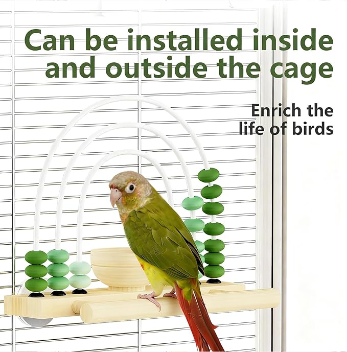Natural Wooden Bird Toy Interactive Foraging Toy with Removable Treat Box Abacus Beads Puzzle Toy Cage Accessories for Cockatiel Budgie and Small to Medium Parrots (Gradient Green)