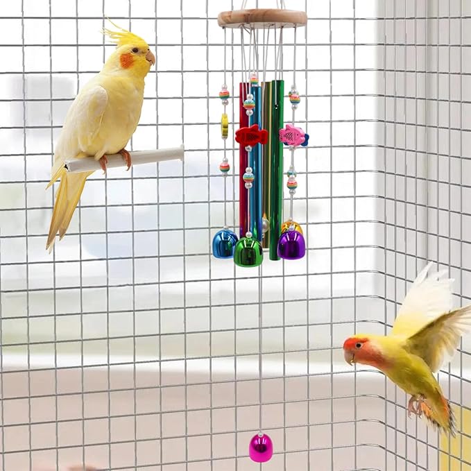 Parakeet Toys with Colorful Bells and Shining Sticks, Bird Cage Accessories Wind Chimes for Chewing, Chew Toys for African Grey, Budgies, Cockatiels, Lovebirds, Conures, Quakers, Small to Medium Birds