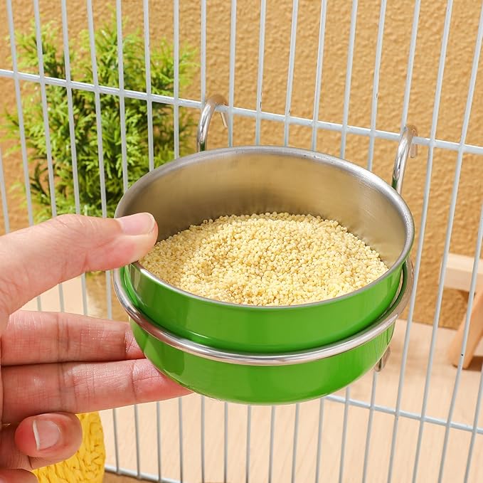 Parrot Feeder Bowl Stainless Steel Bird Hanging Bowls with Wire Hook Birds Food Water Storage Container Cage Cups Holder for Cockatiel Conure Parakeets