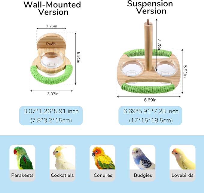 Bird Feeder & Perch – Includes Cotton Rope Perch and 2 Glass Feeding Cups – Cage Accessory for Cockatiels, Budgies, Lovebirds, Conures, Canaries, Finches, and Small Parrots