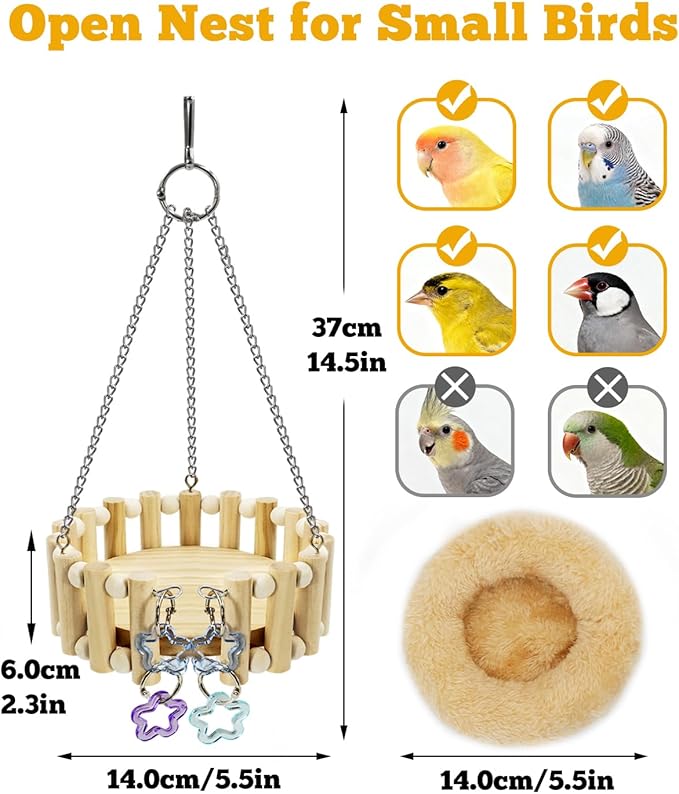Wooden Bird Nest Bed, Pure Kiln-Dried Wood with Detachable Cotton Pad for All Seasons Comfort, Parakeet Bed with Play Toys, Open Breathable Sleeping Hammock for Small Birds Lovebirds, Finch, Canary