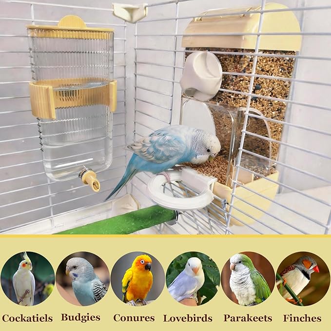 Automatic Bird Feeder Waterer Kit Bird Cage Hanging Waterer Parakeet Leak-Proof Feeder Parrot Vegetable Clips Cage Accessories for Budgies Lovebirds Finches Canaries Parrotlets Conures (Yellow)