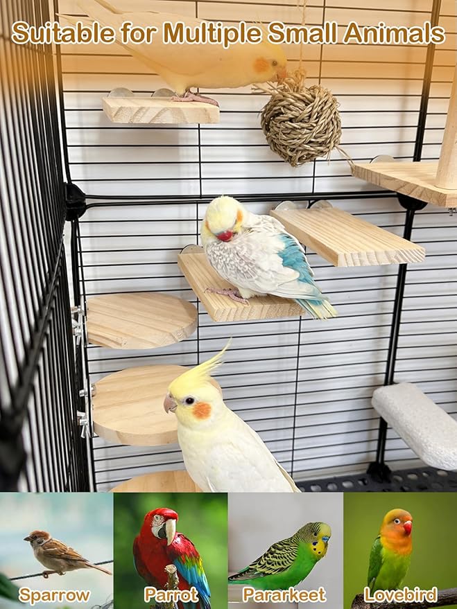 Bird Ledges Wood Sets, Parakeet Wooden Stand Platform with Lava Ledge Blocks Chew Toys Bird Cage Cage Accessories for Finches Canaries Cockatiels Parrot