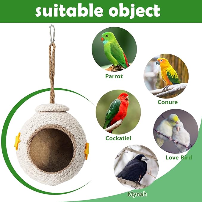 Tfwadmx Natural Coconut Fiber Hanging Birdhouse for Cage Coconut Hide with Loop Coconut Bird Shell Breeding Nest for Parrot Parakeet Lovebird Finch Canary, Pet Cage Habitats Decor,Small Animals House