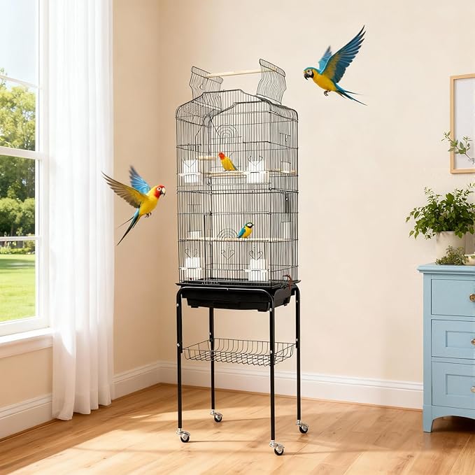 Garvee 64Inch Open Top Bird Cage Rolling Parrot Cage with Detachable Shelf Stand Bird Cage with 4 Feeding Bowls/Side-Out Tray for Cockatiel Cockatoo Parakeet Macaw Finches, Black