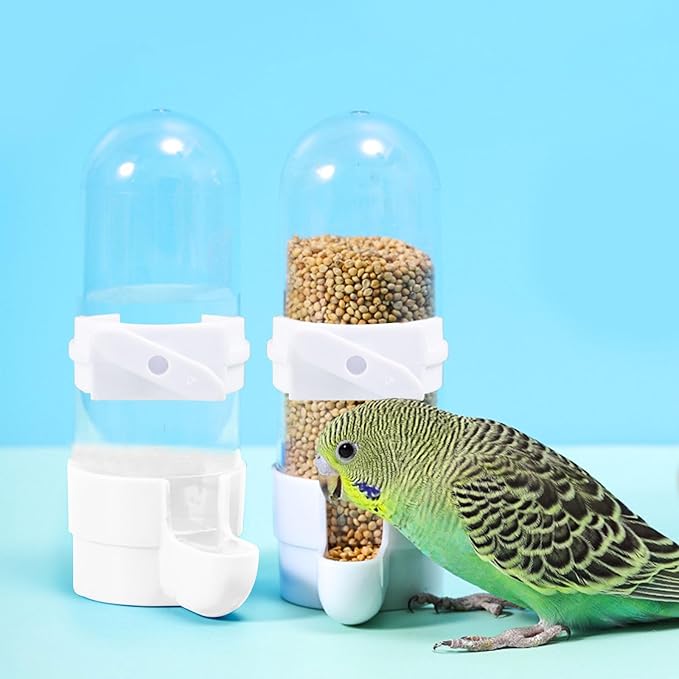 Automatic Bird Feeder and Water Dispenser, 2PCS Cage Accessories for Parrots, Budgie, Lovebirds, Parakeet, Cockatiel - Food Seed and Bottle Drinker (White 90ml)