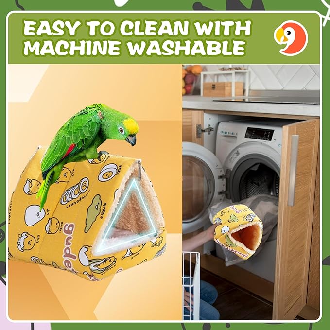 SUSOO Plush Warm Bird Bed - Hanging Bird Nest Snuggle Velvet Shed Tent Cage Fluffy Hut Winter Sleeping Hideaway Hammock House for Parrot Parakeet Conure Cockatiel Budgies Lovebird (Yellow, L)