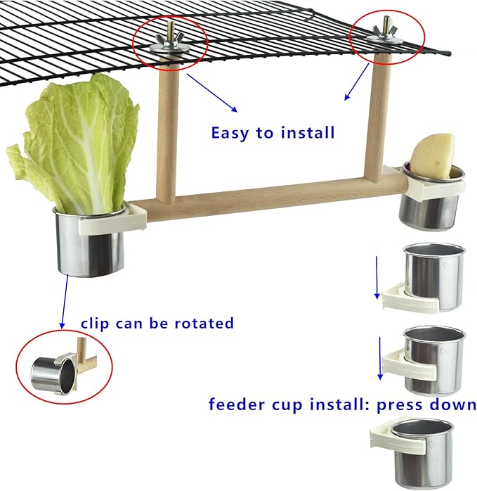 Bird Feeder & Water Dish Set, Beech Wood Made Cage Top Bird Feeder Perch with Stainless Steel Cups, Playground Accessories for Parrots Cockatiels Finches