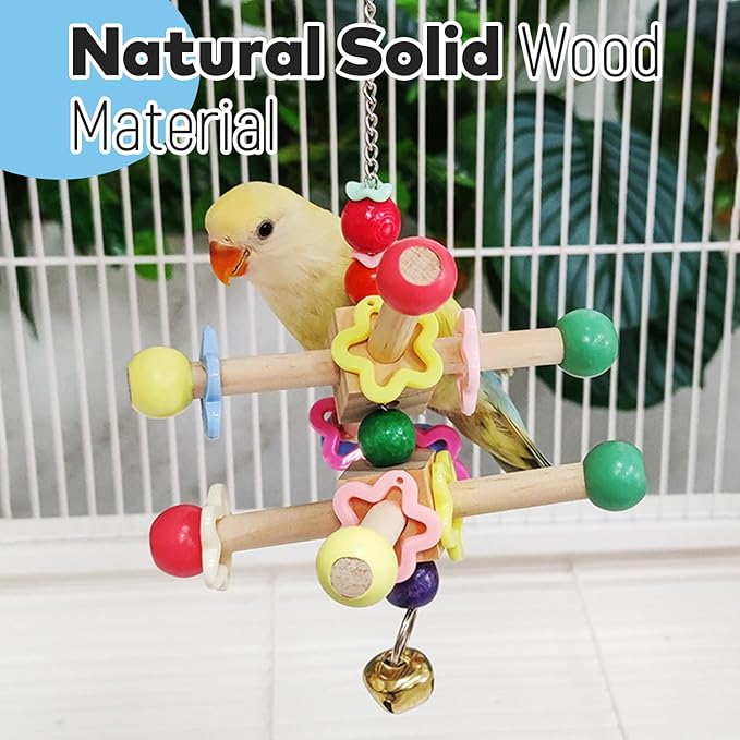 2 Pcs Parakeet Toys, Natural Wood Spinner with Bells, Hanging Cage Accessories for Small Moderate Birds to Relieve Boredom and Anxiety