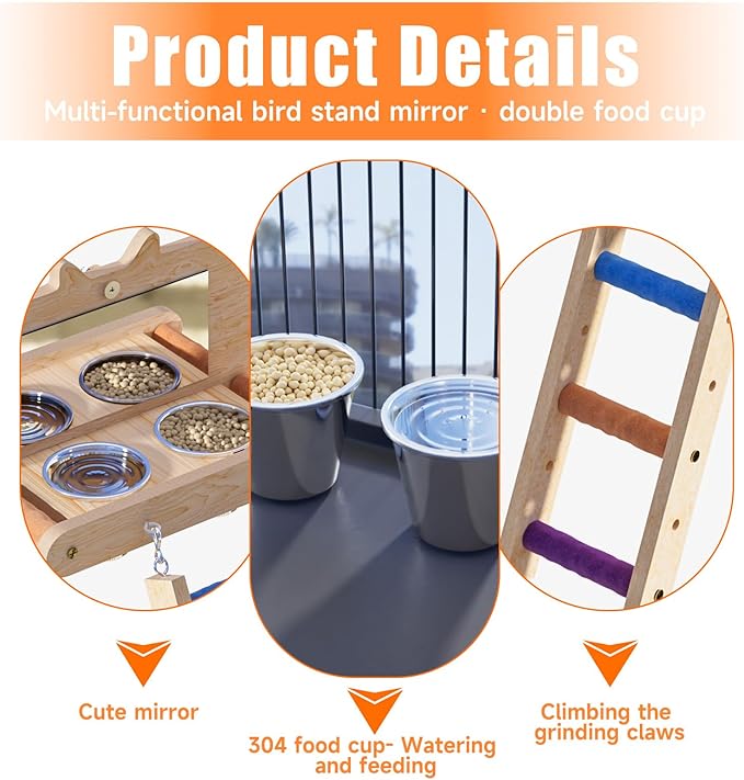 Perch Platform Bird Toys with 304 Stainless Steel Food Cup, Bird Mirror Climbing Ladder Swing, Parakeet Cage Accessories - for Cockatiels, Budgies, Pacific Parrotlets, Finch, Canaries