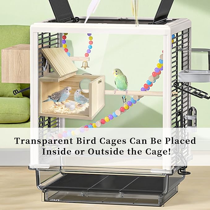 Transparent Parakeet Nesting Box,Wooden Parrot Nest Breeding Box with Perch Natural Bird House for Cage Suitable for Lovebirds Cockatiels Canaries
