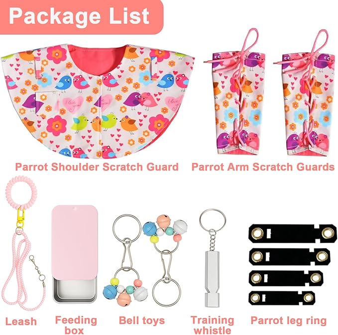 Pink bird parrot cape,parrot training tools kit Poop Guard, with 2 Wrist Straps, Leash, Training Whistle,Treat Box,Washable Bird Accessory for Conure/Cockatiel/African Grey
