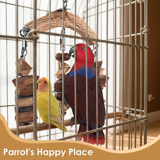 DBNESS Bird Parrot Toys, Hanging Medium Large Birds Wooden Chew Blocks with Stainless Steel Natural Chewing Cage Bite Toy for Macaws African Greys Cokatoos Amazon Parrots Similar Sized Pet Parrots