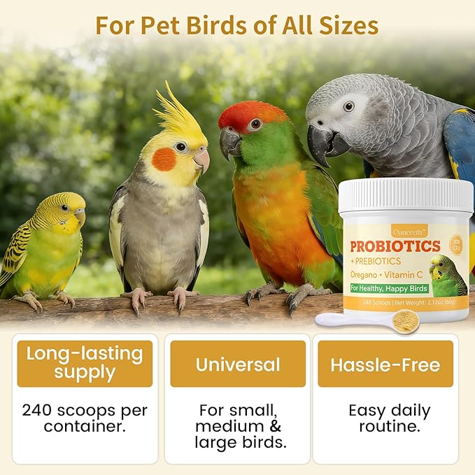 Bird Probiotic Powder for Gut Balance, Digestive & Immune Support – 10 Billion CFU Probiotic + Prebiotic with Vitamin C & Oregano – Molting & Stress Support for All Birds - Parakeet Parrot Cockatiel