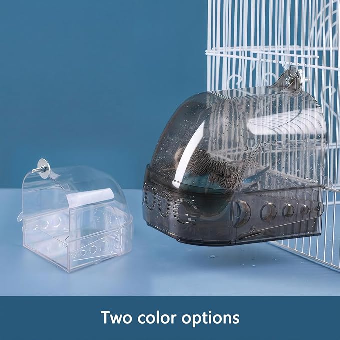 Bird Bath for Cage with Pull-Out Drawer, Grey Translucent Parakeet Bath Box for Inside Cage Use, No-Mess Enclosed Tub for Budgie, Canary, Lovebird, Finch, 6.1 x 5.1 x 6 Inches (Gray)