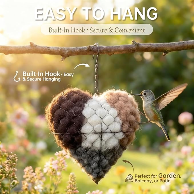 Handmade Alpaca Fiber Bird Nesting Heart – Refillable Bird Haven with 2 Nesting Material Refill Bags – Eco-Friendly Hanging Nest for Hummingbirds & Wild Birds, Garden & Yard Décor (1Set)