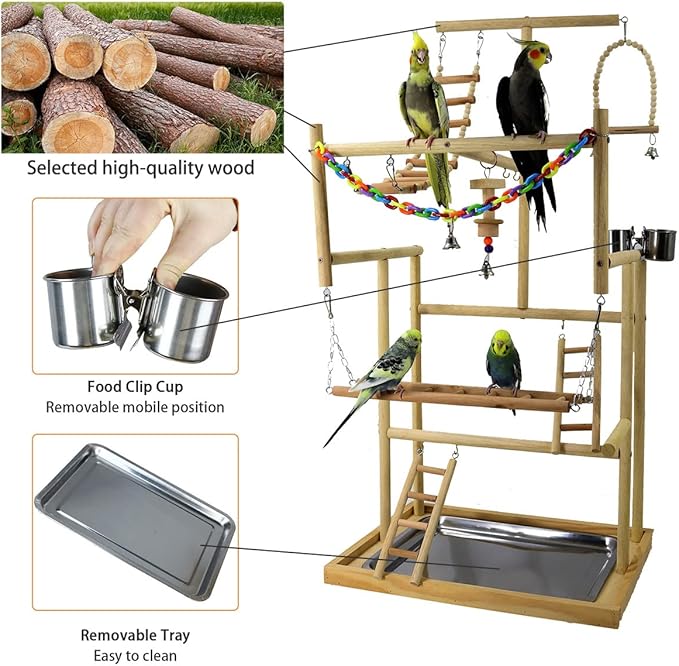 Bird Playground Parrot Playstand Natural Wood Bird Perches Stand, Bird Play Gym Playpen for Parakeet Cockatiel Bird Toys, Bird Cage Accessories, with Removable Tray and 4 Stainless Steel Cups