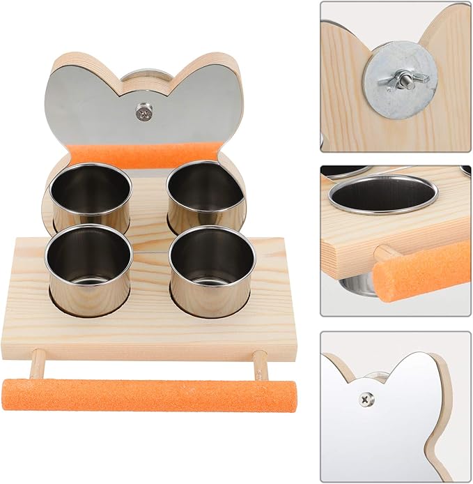 Parrot Mirror with Water Food Bowl or Bird Cage Feeding Wood Holder Cage Accessory Feeding Bowl Parakeet Toys for Parrots, Cockatiels, and Budgies