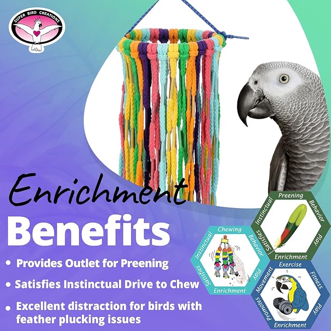 Super Bird Creations SB1203 Large Rainbow Aglets Bird Toy - Satisfies Chewing & Preening Instincts - African Greys Small Cockatoos Parrots - Encourages Curiosity - Ideal for Medium-Large Bird Size