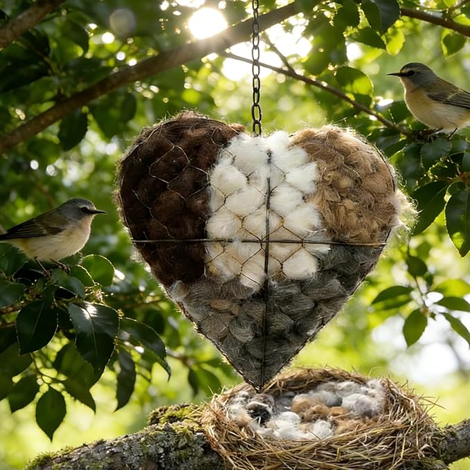 Handmade Alpaca Fiber Bird Nesting Heart, Refillable Birds Nests Material Holders for Outside,Heart Shape Design, Winter Fowl Gifts Animal Hummingbirds Lovers Home Garden Yard(2 Set)
