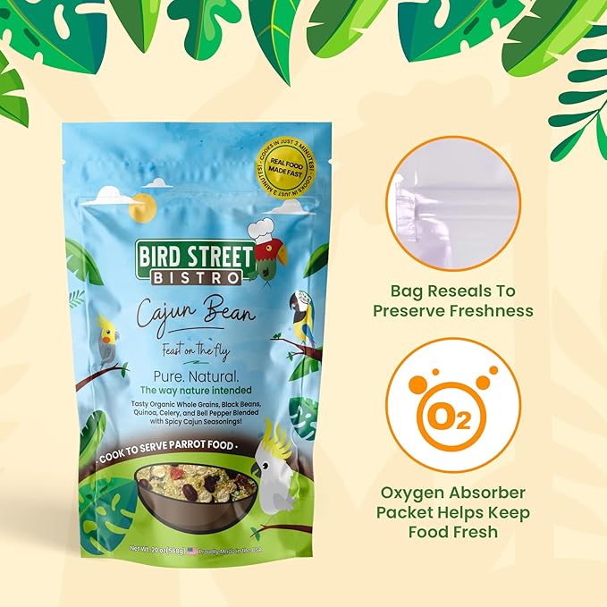 Parrot Parakeet Cockatiel Food - Bird Food - Cooks in 3-15 min with Natural Grains - Legumes - Non-GMO Fruits, Vegetables, & Health Orientated Spices (4.00 Pound (Pack of 1), Cajun Bean)