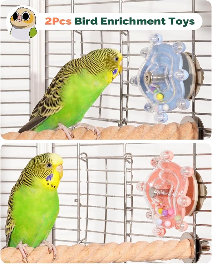 2 Pcs Bird Toys for Parakeets, Budgie Toys, Spinning Wheel Parrot Toys, Chewing Exercisers, Interactive Bird Cage Toys for Budgies, Cockatiels, Lovebirds, Parakeets, Conures and Small to Medium Birds