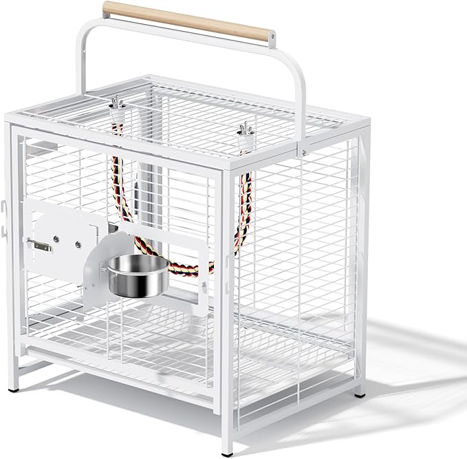 VINGLI Small Bird Cage, 25 inch Travel Carrier Bird Cage with Handle, Wrought Iron Parakeet Cage with Wooden Perch for Parrot Lovebirds Finches Small/Medium Birds (White)