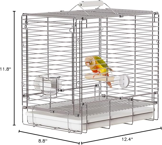 Bird Carrier Travel Cage - 304 Stainless Steel Portable Folding Bird Travel Cage with Parrot Feeder Cups & Standing Perch for Smaller Birds Conures Lovebird Cockatiel Parakeets (White)