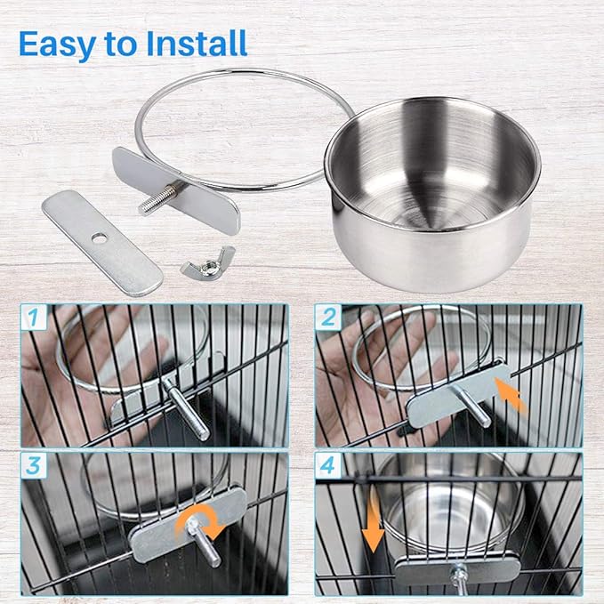 2pcs Parrot Food Bowl Bird Feeding Coop Cups Stainless Steel Water Dish Hanging Feeder for Conure Budgies Macaw Rabbit (A Set)