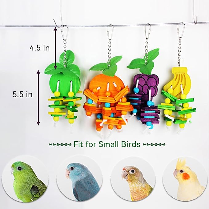JSLZF Bird Chewing Toy for Parrot Cockatiel Conure Wood Block Cage Hanging Foraging Budgie Bite Toy for Parakeet Small (4PCS Fruit Shape)