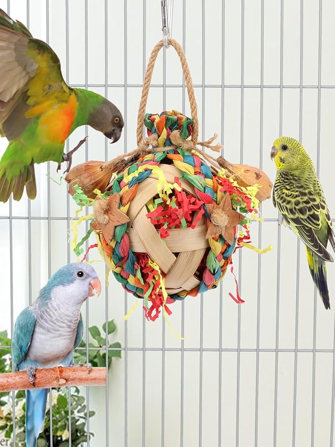 Wontee Bird Toys Colorful Shredding Crinkles Foraging Toys Natural Dried Fruits Chew for Cockatiels Conures Parakeets Budgies Senegal (2 Packs)