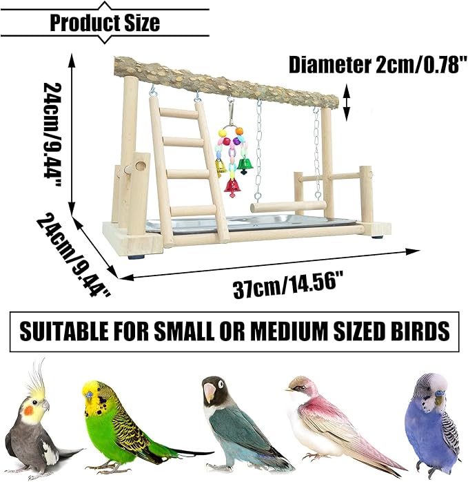 PINVNBY Bird Playground Parrot Playstand Birds Play Stand Wood Exercise Perch Gym Stand Playpen Ladder with Feeder Cups Hanging Swing Toys for Parakeet Conure Cockatiel Budgie Cage Accessories