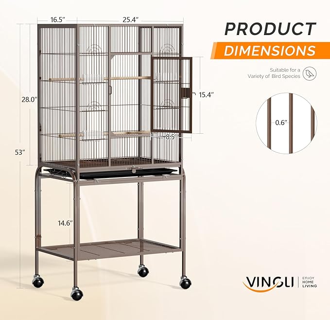 VINGLI 53-inch Bird Cage with Wheels, Durable Wrought Iron Parakeet Cage with Slide Out Tray, Black Bird Cages for Parakeets/Lovebird/Cockatiels/Budgies and Other Small/Medium Birds (Brown, 53 inch)