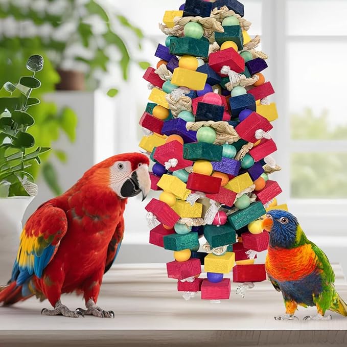 Bird Toys for Large Parrots Colorful Natural Wood Block Parrots Chew Foraging Toys for Bird Cages Cockatoos, Macaws, African Greys, and Amazons