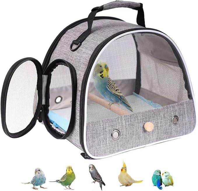 Small Bird Travel Carrier, Portable Mesh Vented Bird Carrier Cage for Parakeet, Parrot, Cockatiel, Guinea Pig, Bearded Dragon Reptile Carrier for Hiking Vet Visit Bicycle Ride (Grey, Mesh Window)