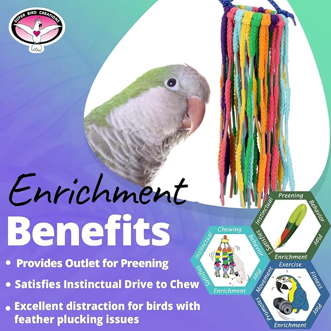 Super Bird Creations SB1202 Small Rainbow Aglets Bird Toy - Satisfies Chewing and Preening Instincts of Parrots Ringnecks, Medium Conures, Quakers - Encourages Curiosity - Ideal for Medium Bird Size