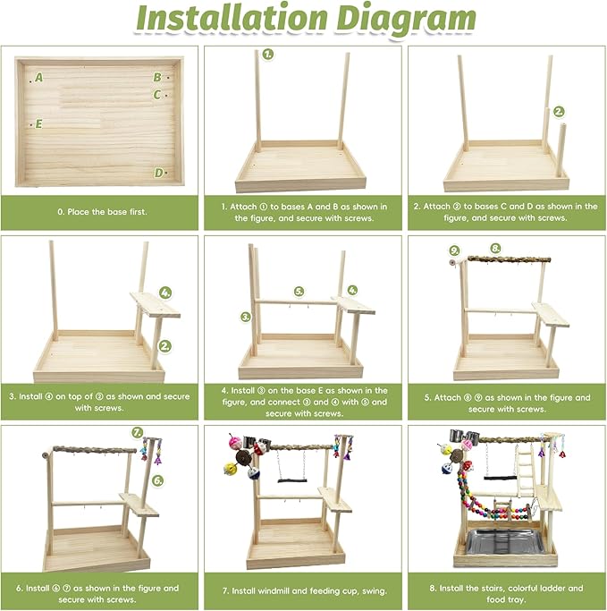 PINVNBY Bird Playground Parrot Perch Stand Play Gym Cockatiel Wood Bird Toys Birds Cage Accessories Playpen Ladder with Feeder Cups Hanging Swing Toys for Parakeet Conure Lovebird Cockatiel