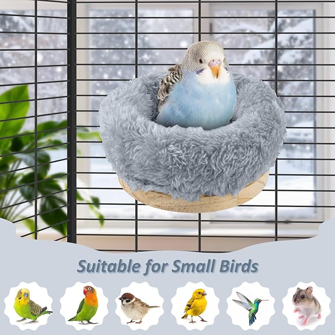 DBNESS Small Bird Nest for Cage, Removable Plush Parrot Hammock Warm Resting Perch Platform for Budgies Cockatiel Conure Parakeet Hamster Washable Breeding Sleeping Lay Eggs Nesting (Grey, S)