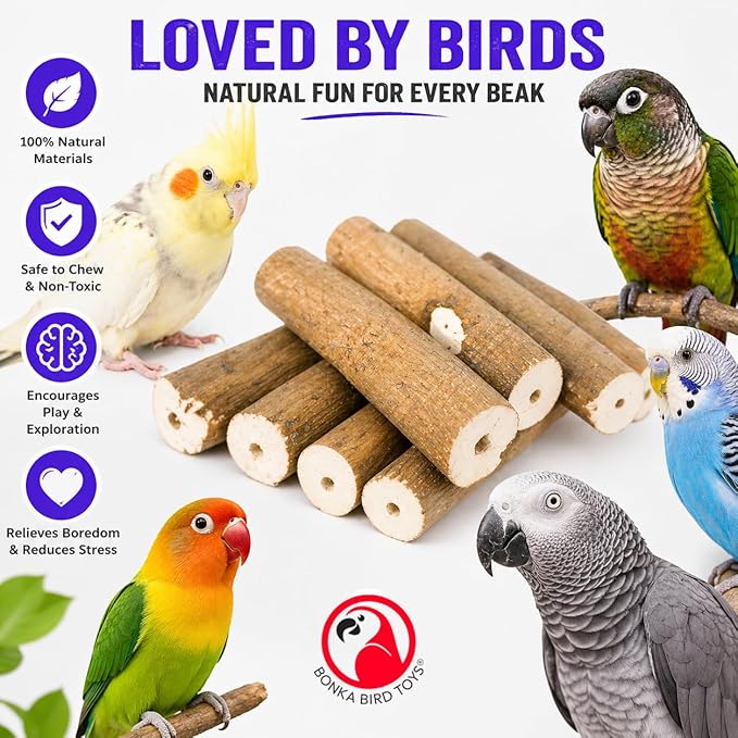 Bonka Bird Toys 1211 Pk6 Natural Bark Sola Sticks, 6-Pack, 3" Long, 1.25" Diameter, Soft Chew and Foraging Toy for Birds, Parrots, Parakeets, Cockatiels, Lightweight, Natural, Safe, Eco-Friendly
