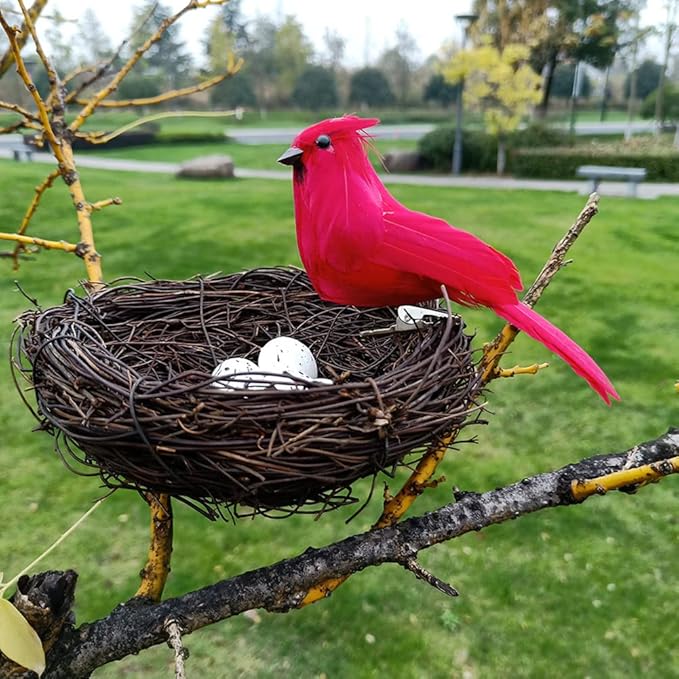 Simulated Feathered Bird - Artificial Birds Rattan Bird Nest Eggs DIY Crafts Ornament Artificial Foam Bird Ornaments Tree Ornaments for Home Garden Wedding