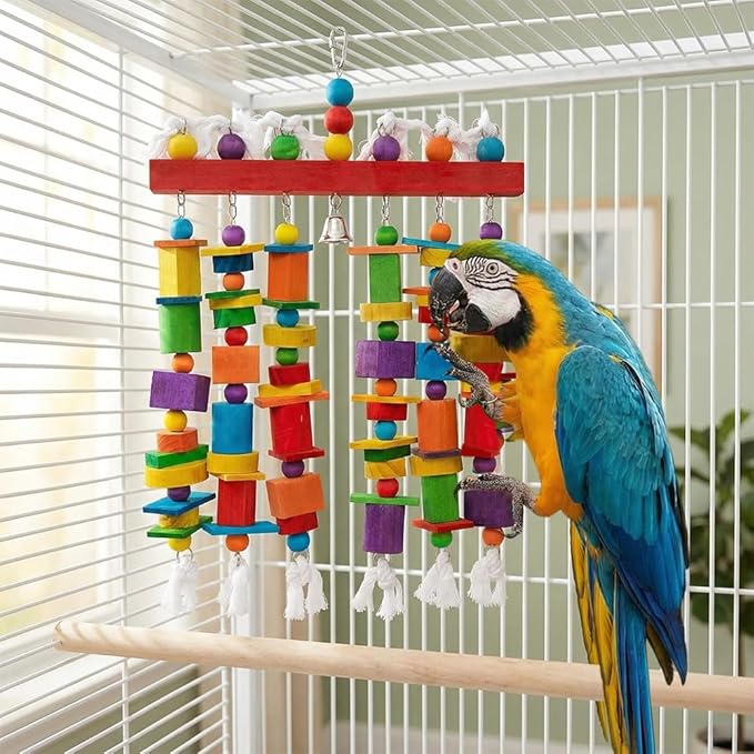 Extra Large Bird Toys for Macaws African Greys Cockatoos, 21.6" x 13" Heavy Duty Parrot Chewing Toy with Durable Stainless Steel Chain & Natural Wood Blocks, Large Bird Cage Accessories with Bell
