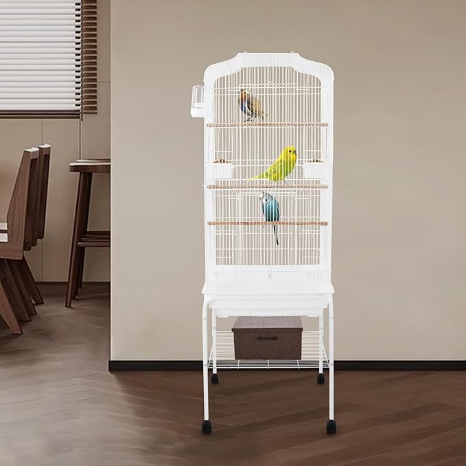 54 inch Metal Bird Cage,Large Parakeet Cages for Parrot,Cockatiel, Lovebird,Birdcage with Wheels,Roof Top,Storage Shelf (White)