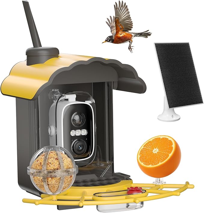 Smart Bird Feeder with Camera: Hummingbird Feeder with Solar Powered for Outdoors, Bird House with 2K HD Video & AI Bird Species Identification, Arrival Alerts, Gift for BirdLovers - Yellow