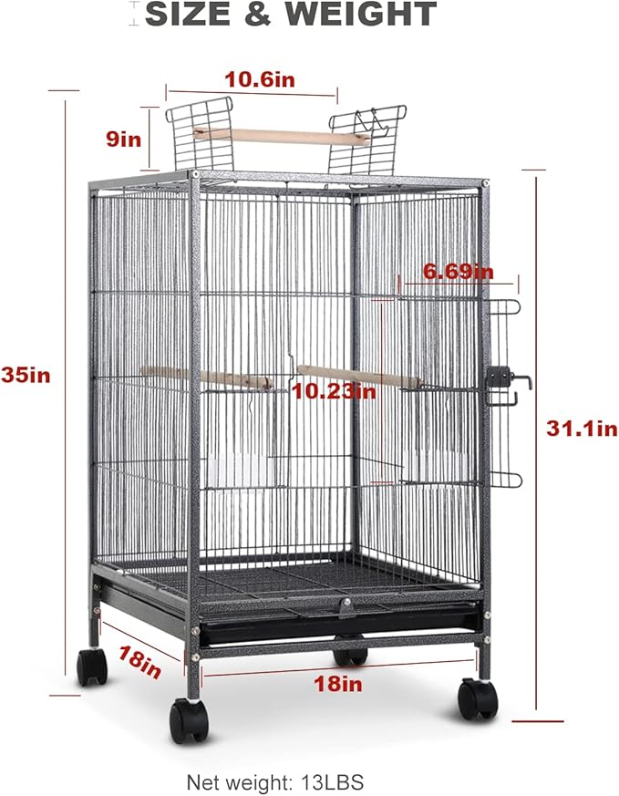 Bird Cage 35 Inch Wrought Iron Birdcages Play Top Flight King Bird Cage for Parakeets Cockatiels Parrot Green Cheek Conures Pigeons Lovebird with Rolling Stand